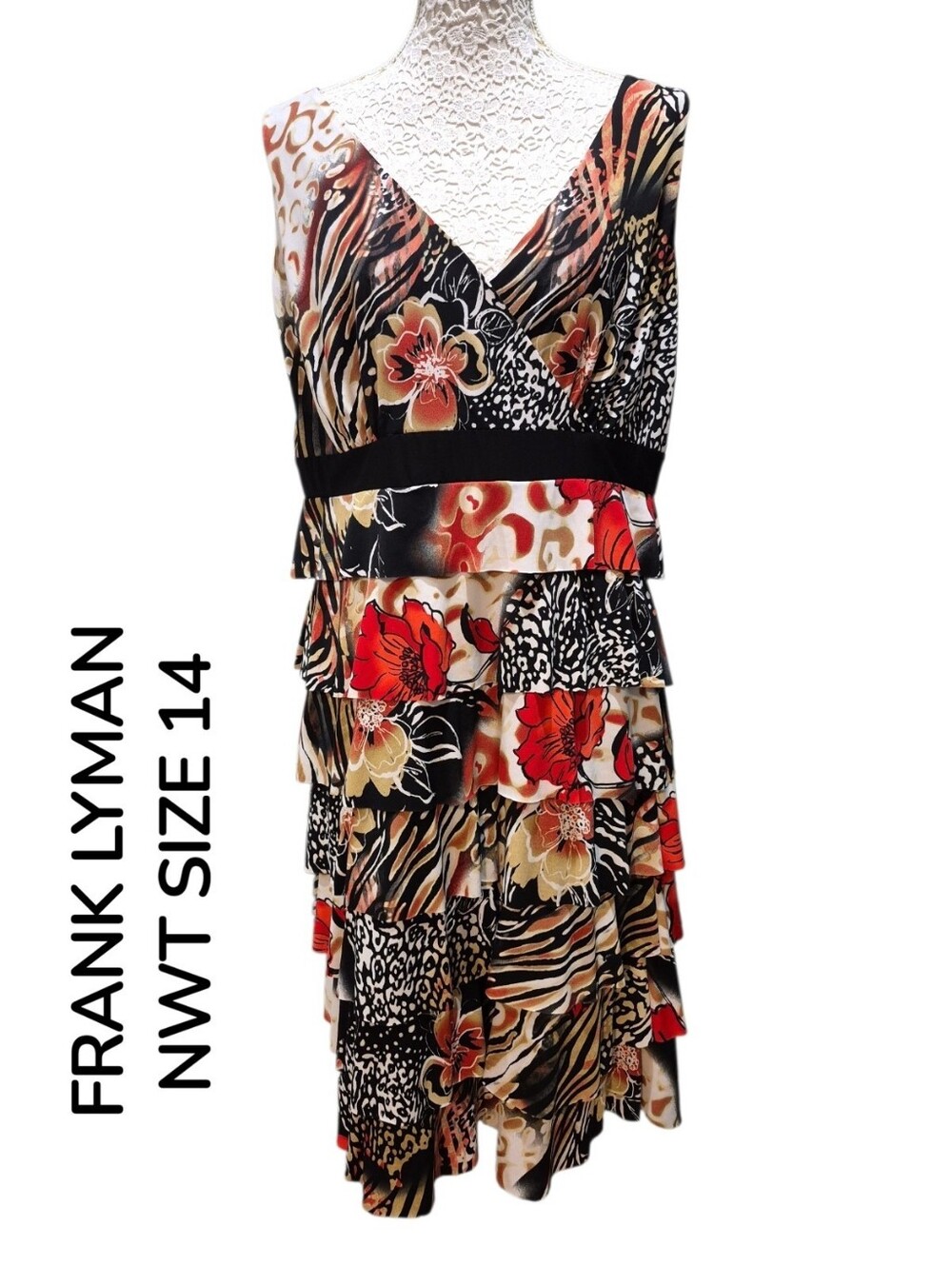 Frank Lyman Design Mixed-Print Multi-Tiered Sleeveless Dress (NWT) Size 14